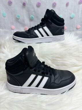 adidas Boys High Top Sneakers Black White Lace Up Breathable US 5